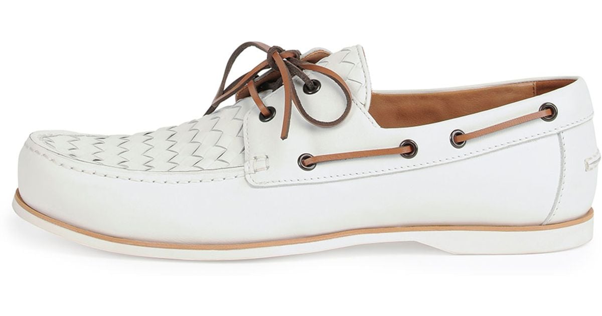 Lyst Bottega Woven Leather Boat Shoe in White for Men