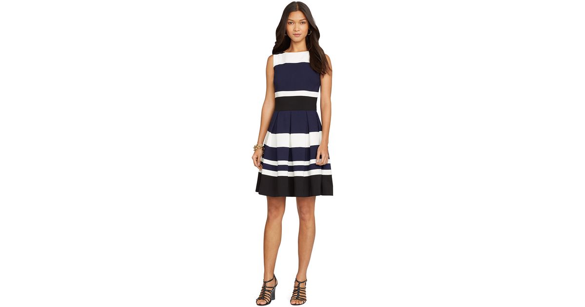 Lyst Lauren By Ralph Striped Gabardine Dress In Blue