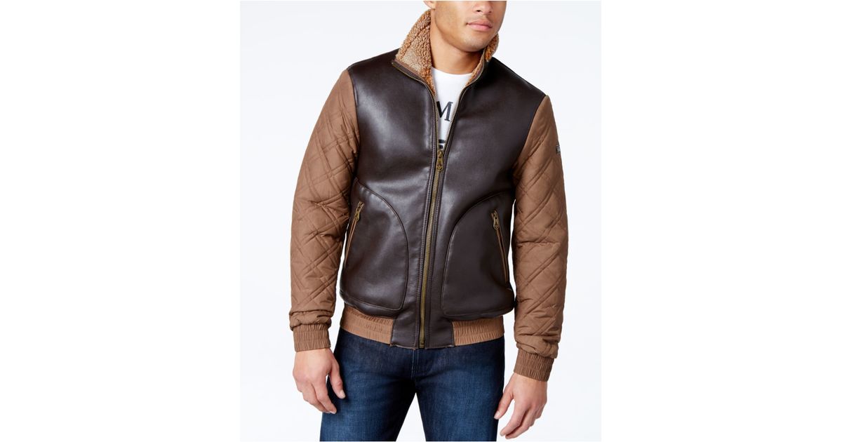 Lyst Armani Jeans Leather Quilted Fleece Jacket In Brown For Men