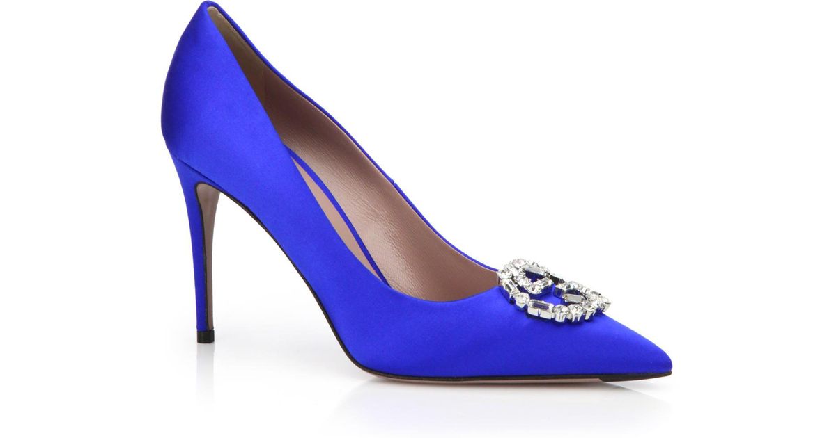 Gucci Gg Crystal Satin Point-toe Pumps in Blue | Lyst