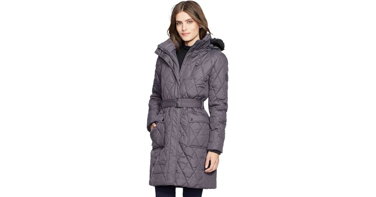 Lyst Lauren By Ralph Faux Fur Trim Belted Quilted Coat In Gray
