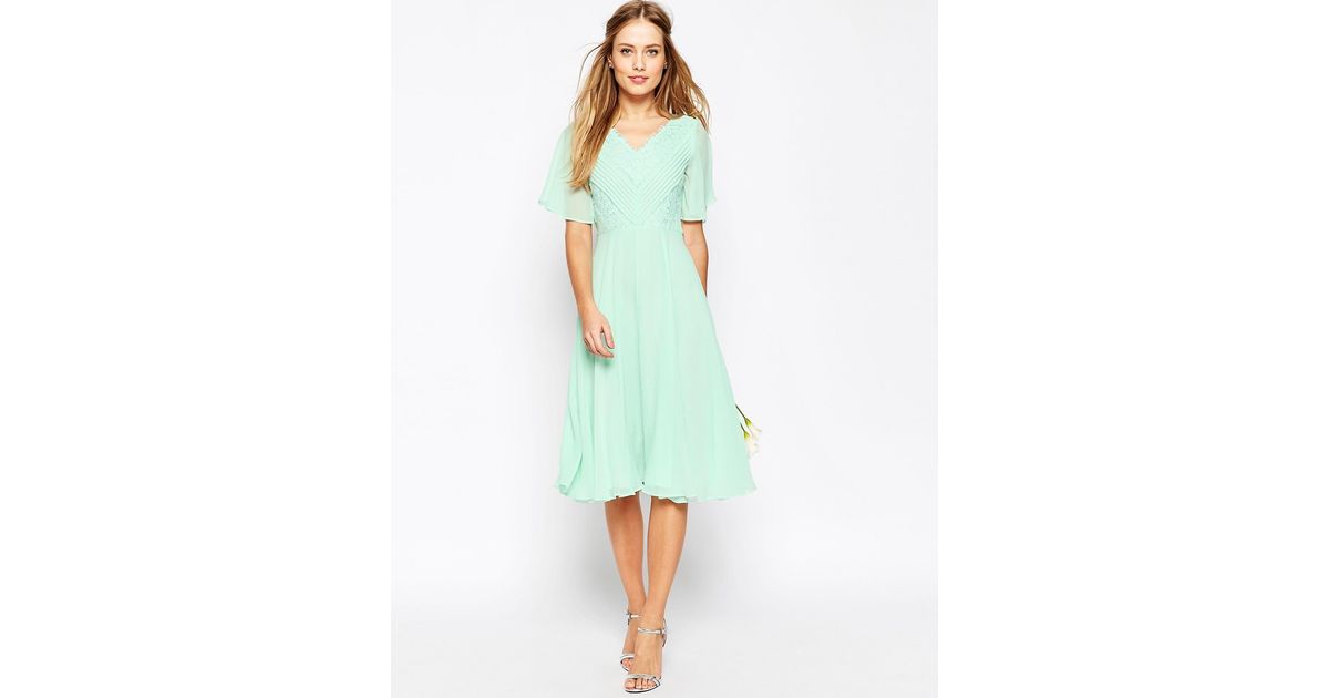  Asos  Wedding  Lace And Pleat Midi Dress  in Green Mint  