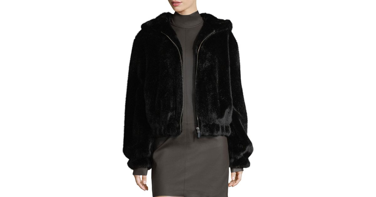 black faux fur hooded bomber jacket