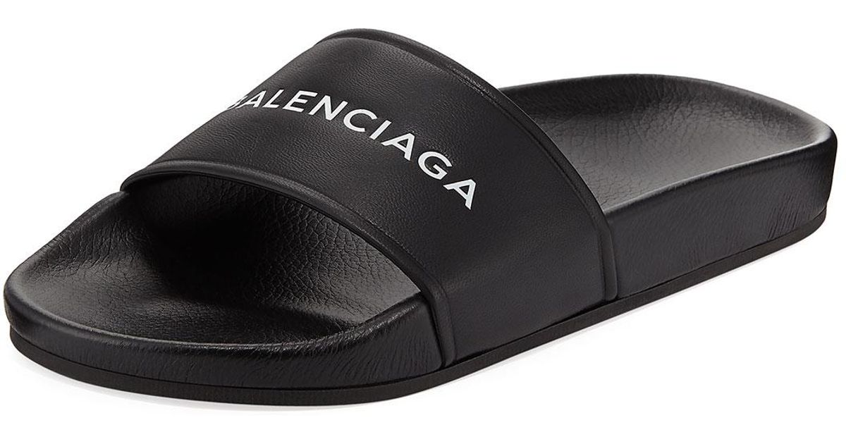 Lyst - Balenciaga Logo Flat Pool Slide Sandal in Black for Men