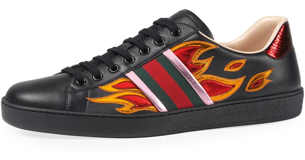 Gucci New Ace Flames Leather Low-top Sneaker in Black for Men - Lyst