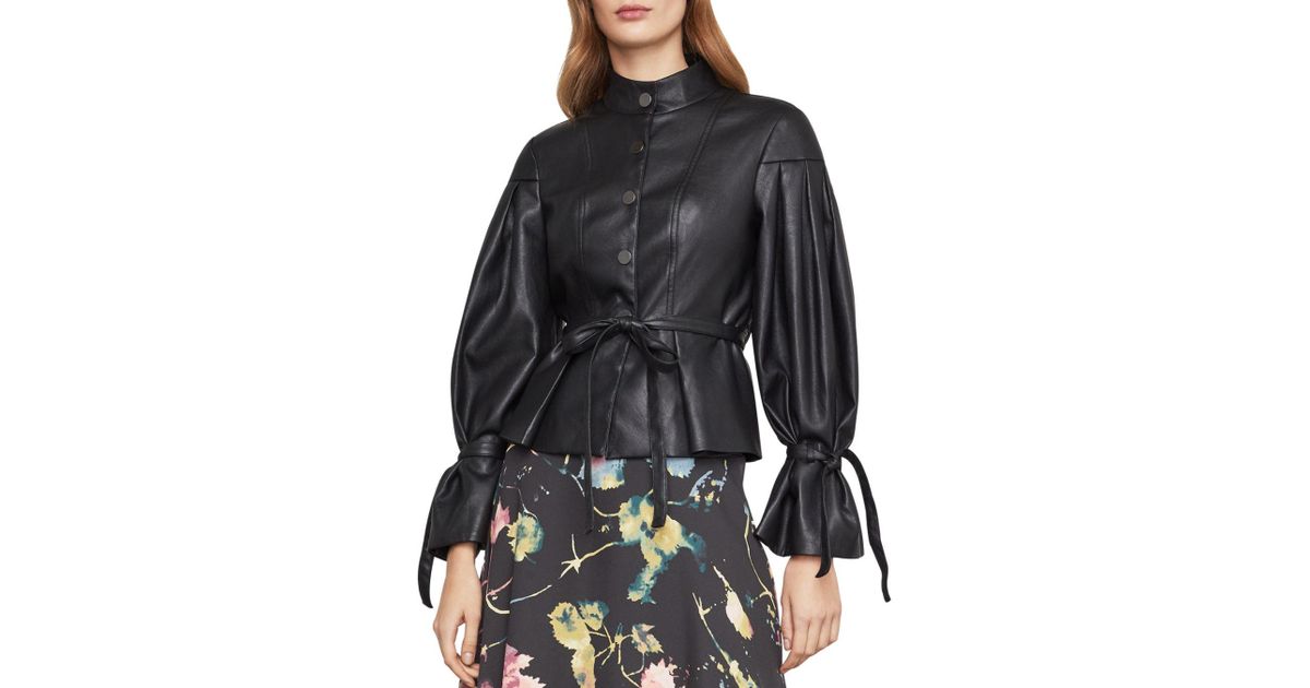 Bcbgmaxazria Black Faux Leather Pleated Sleeve Jacket