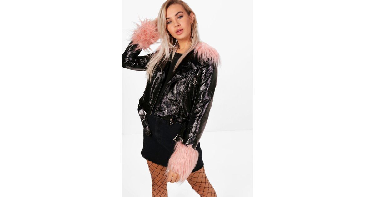 Boohoo Leanne Patent Pu Faux Fur Collar Cuff Biker Jacket In Black Boohoo Leanne Patent Pu Faux Fur Collar Cuff Biker Jacket In Black Lyst