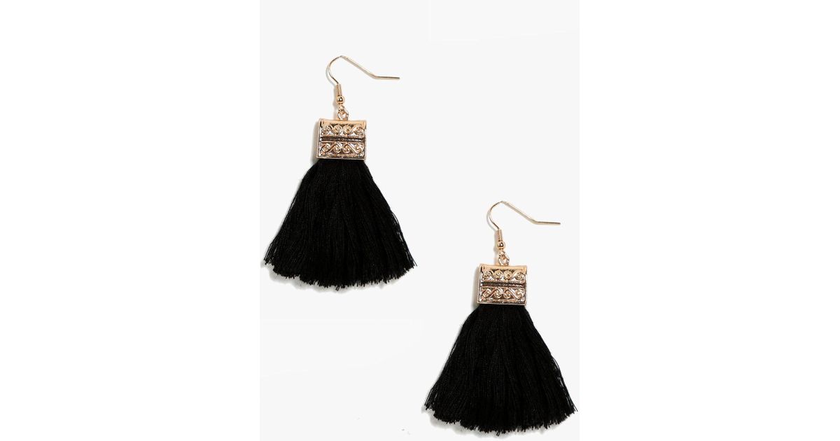 Lyst Boohoo Engraved Detail Tel Fringe Earrings In Black