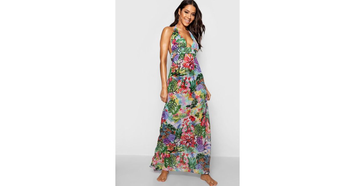 Lyst Boohoo Tropical Maxi Beach Dress In Green