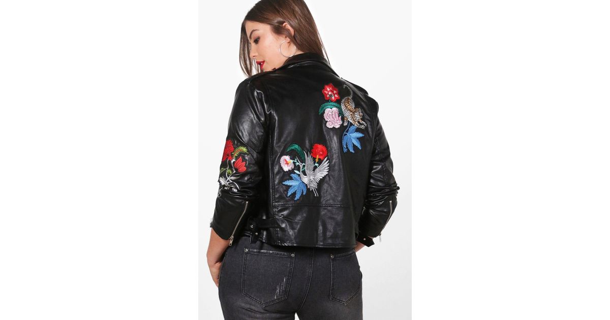 Lyst Boohoo Plus Emily Embroidered Pu Jacket In Black