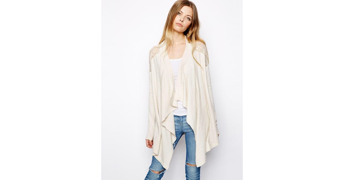 Asos Waterfall Cardigan With Lace Shoulder Detail in Natural | Lyst