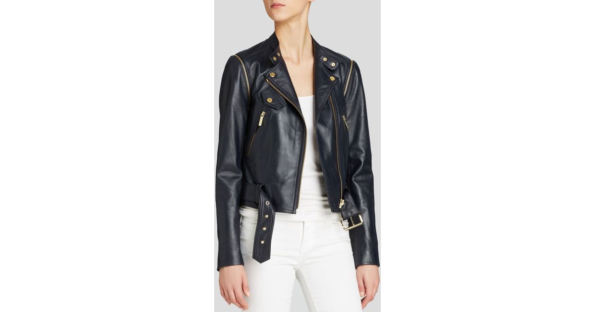 Lyst Michael Kors Convertible Leather Moto Jacket In Blue