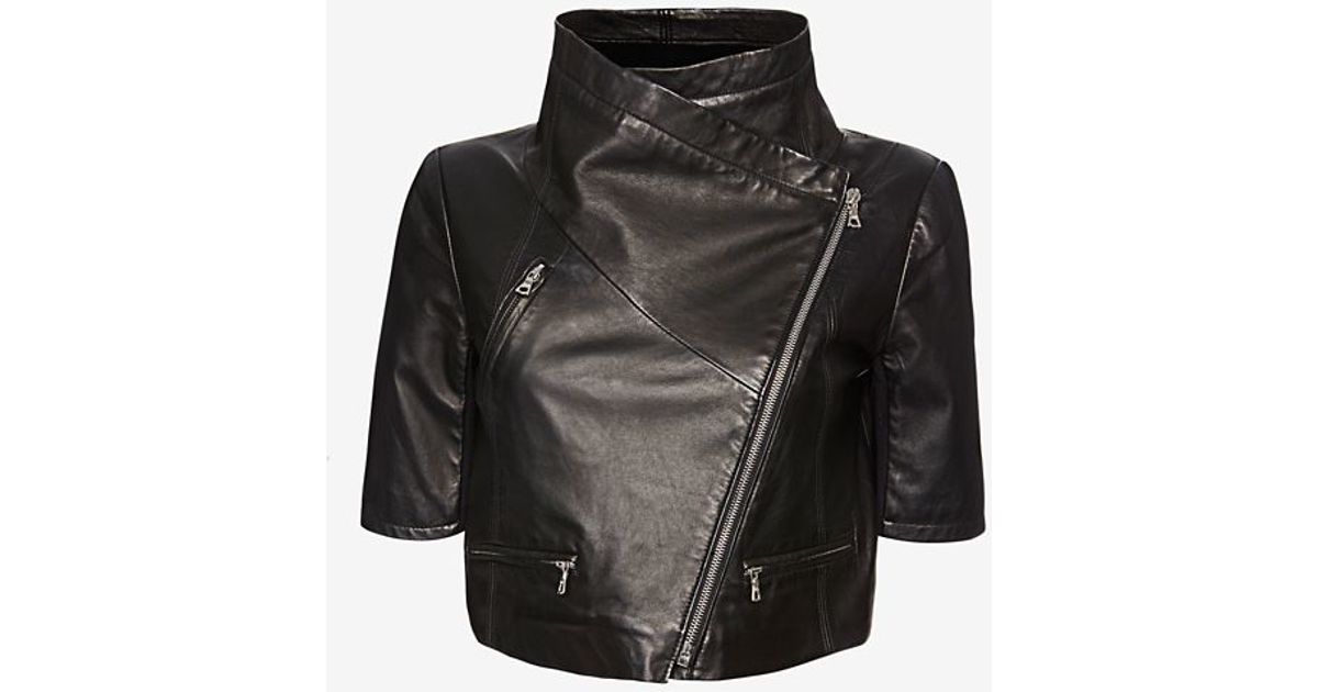 Yigal Azrouël Short Sleeve Crop Leather Jacket Black In Lyst