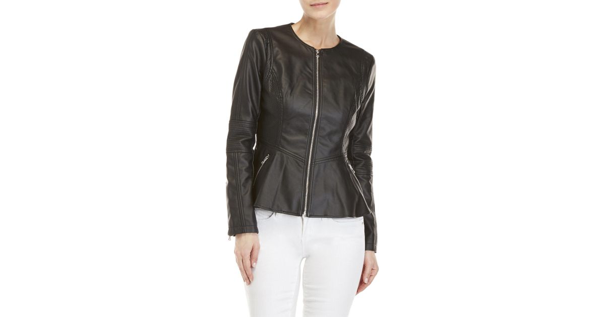 Lyst Guess Perforated Faux Leather Peplum Jacket In Black