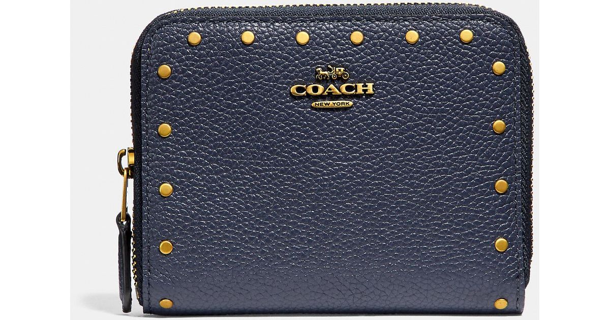 COACH Leather Small Zip Around Wallet With Rivets in Brass/Midnight Navy (Blue) - Lyst