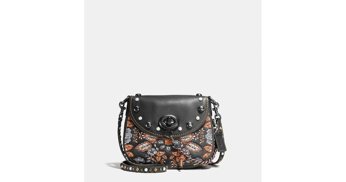 Lyst Coach Embellished Forest Flower Turnlock Saddle Bag 23 In Lyst Coach Embellished Forest Flower Turnlock Saddle Bag 23 In Glovetanned Leather Black