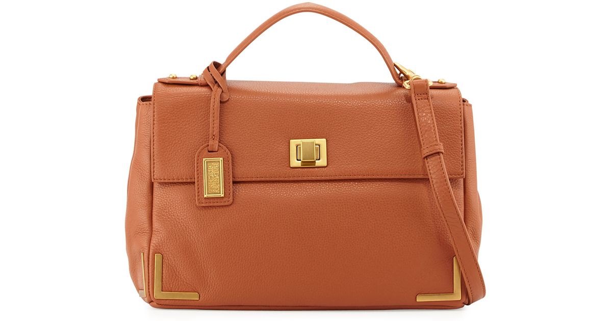 Lyst Badgley Mischka Linda Pebbled Leather Satchel Bag In Brown