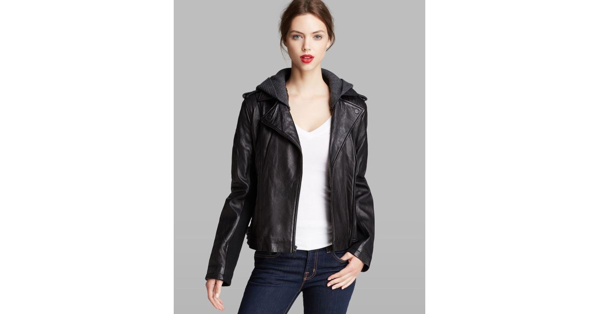 Dkny Jacket Knit Hood Leather Moto In Black Lyst