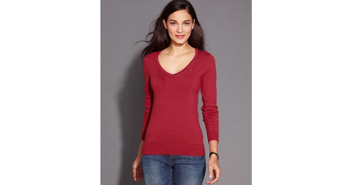 Lyst - Tommy Hilfiger Long Sleeve V-neck Sweater In Red