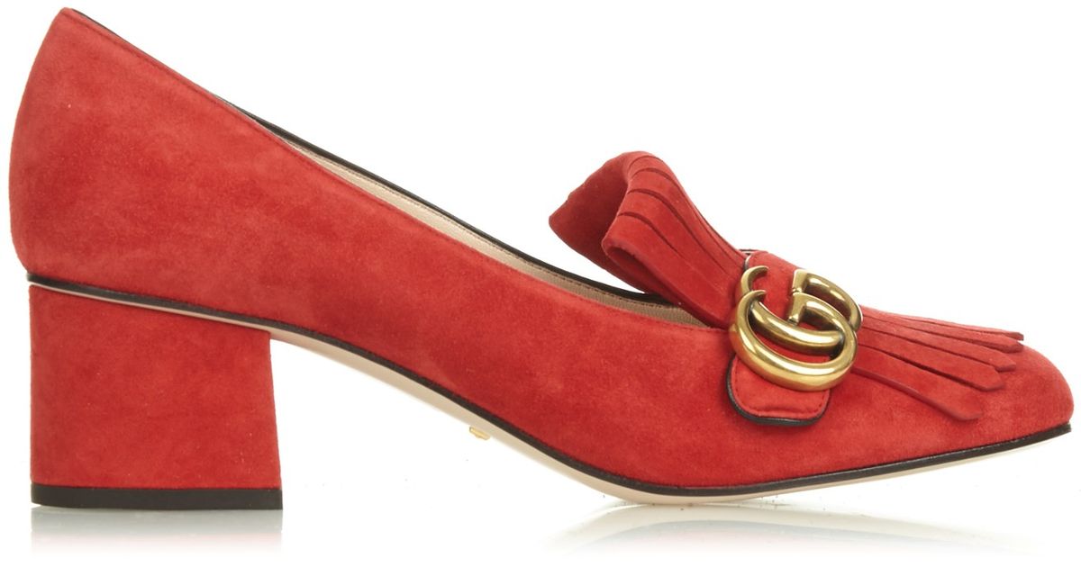 Lyst - Gucci Marmont Fringed Suede Pumps in Red
