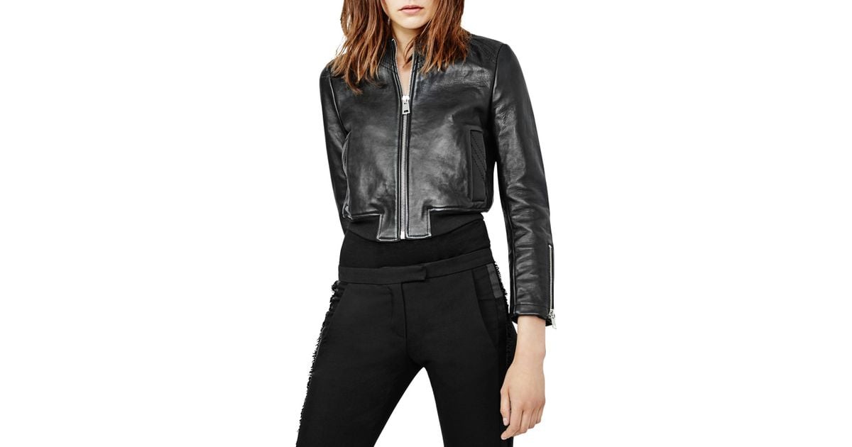 Lyst - Maje Baby Leather Bomber Jacket in Black