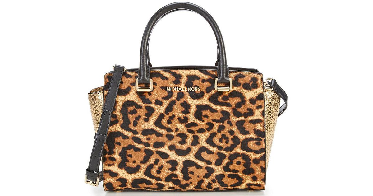 Lyst Michael Kors Selma Leopard Print Haircalf Metallic Lyst Michael Kors Selma Leopard Print Haircalf Metallic Snake Medium Satchel