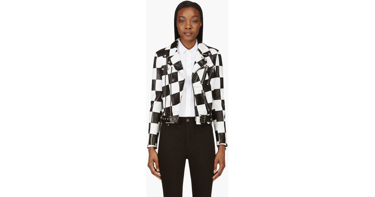 Saint Lau Black And White Leather Intarsia Check Biker Jacket In Saint Lau Black And White Leather Intarsia Check Biker Jacket In Lyst