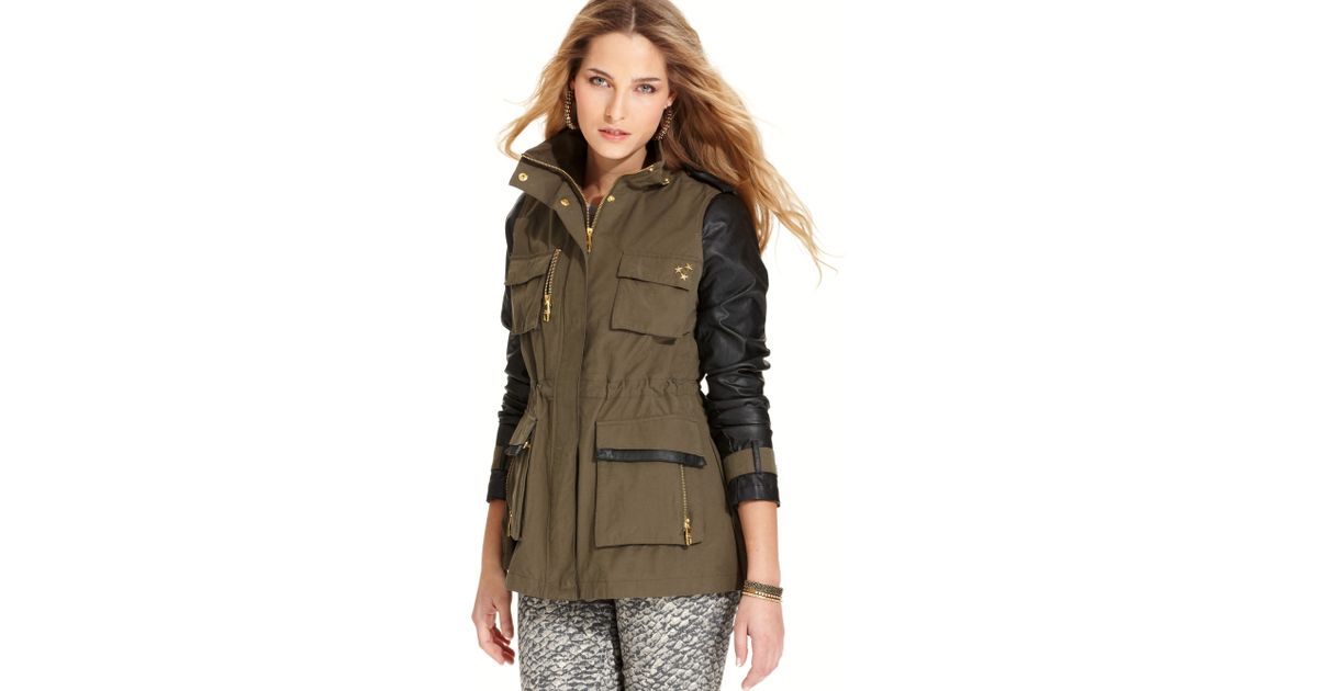Steve Madden Faux Leather Sleeve Anorak Jacket In Green Lyst