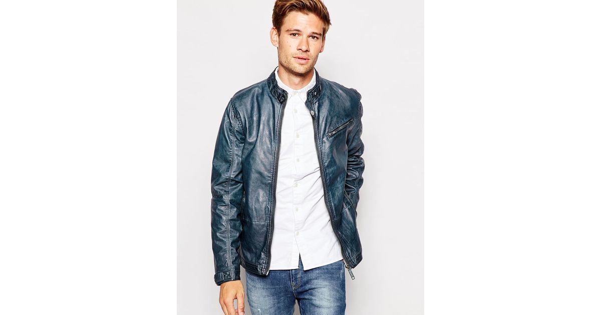 Lyst Blend Biker Jacket Faux Leather Vintage Wash In Blue For Men