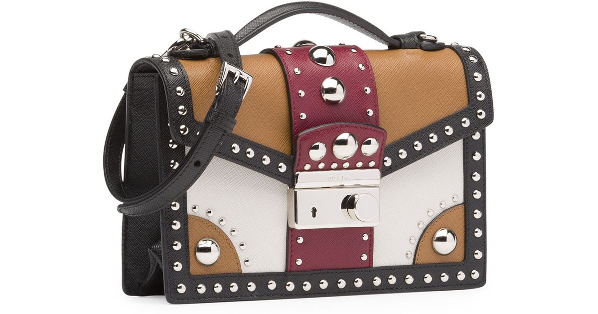 prada black leather bags - Prada Tricolor Studded Saffiano Sound Bag in Brown (Brown/Red ...