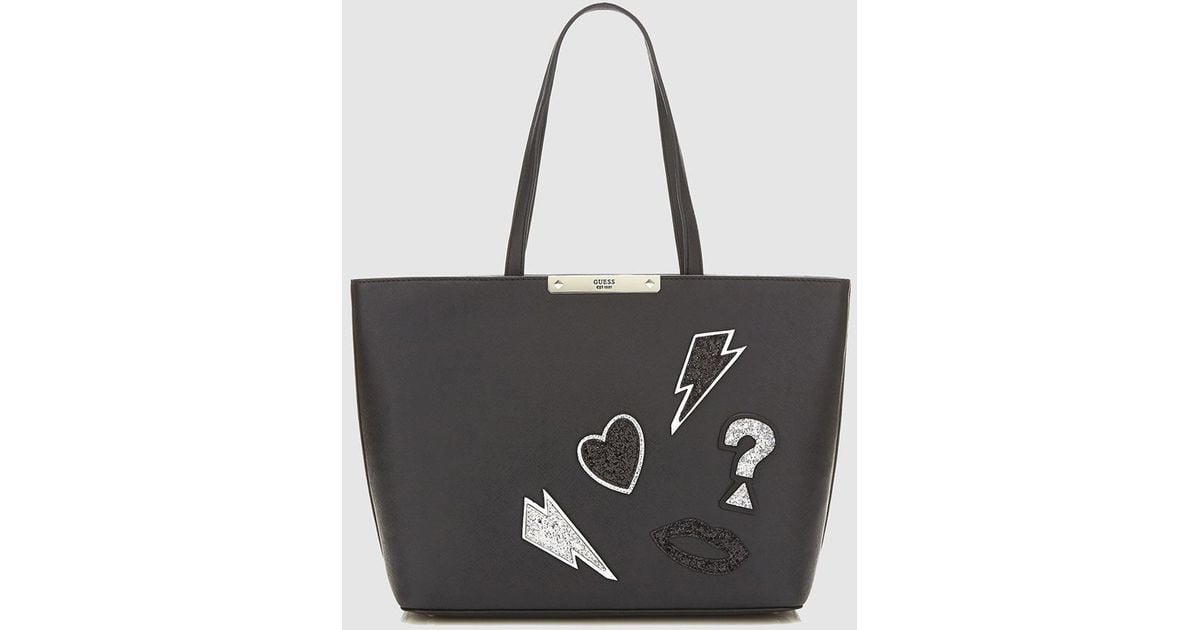 Lyst Guess Black Tote Bag With Glitter Patches In