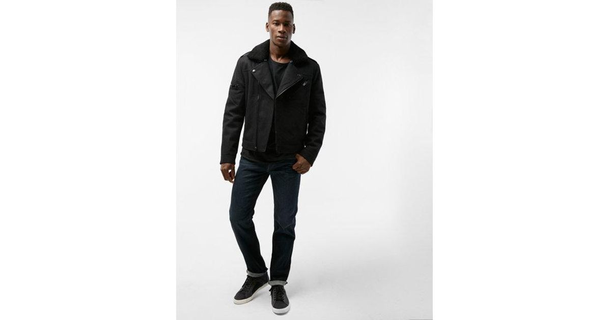 Lyst Express Wool Blend Faux Sherpa Asymmetrical Zip Biker Jacket Lyst Express Wool Blend Faux Sherpa Asymmetrical Zip Biker Jacket In Black For Men