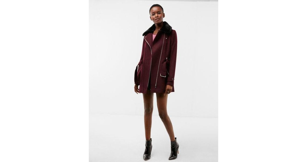 Express Red Belted Faux Fur Wool Blend Coat Lyst