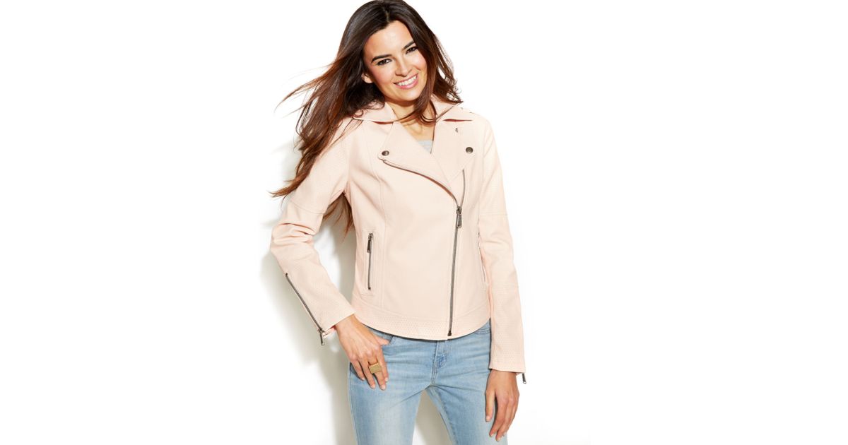 Bcbgeneration Faux Leather Moto Jacket Cairoamani Com Bcbgeneration Perforated Fauxleather Moto Jacket In Pink Lyst