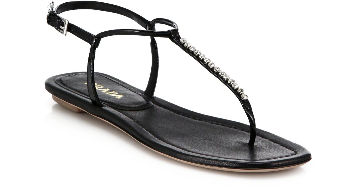 prada swarovski flat leather sandals in black lyst prada swarovski flat leather sandals in black lyst