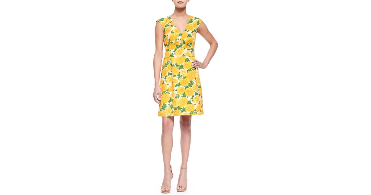 Michael kors Sleeveless Daffodilprint Vneck Dress in Yellow (WHITE