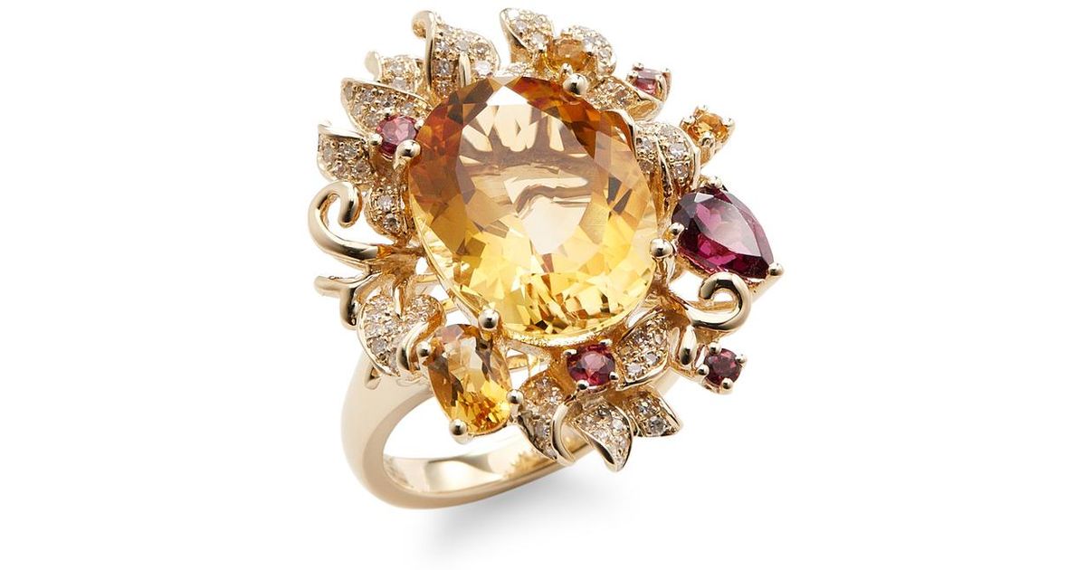 Lyst - Effy 14k Yellow Gold Citrine, Rhodolite, & Diamond Ring in Metallic