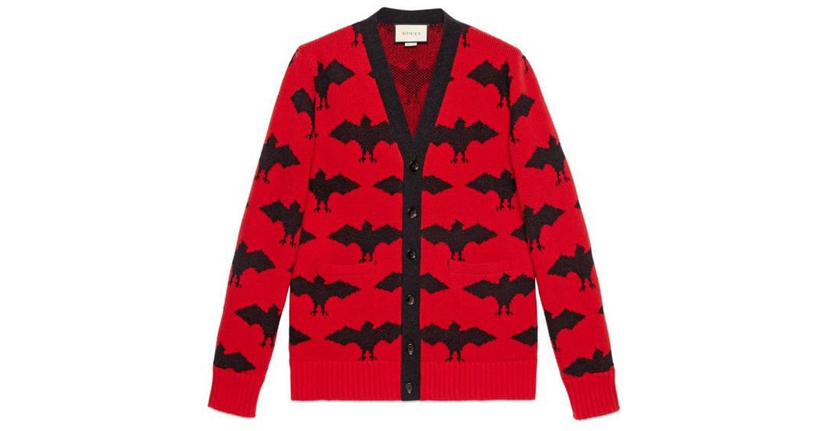 Lyst - Gucci Bat Jacquard Knit Cardigan in Red