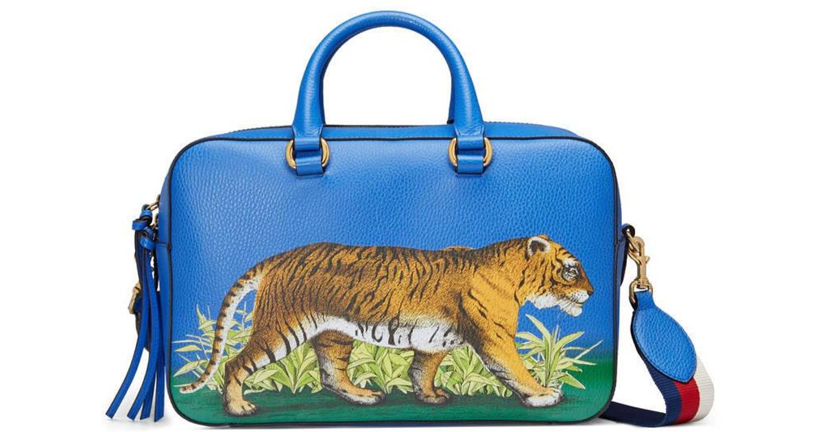 Gucci Tiger Print Leather Top Handle Bag in Blue - Lyst