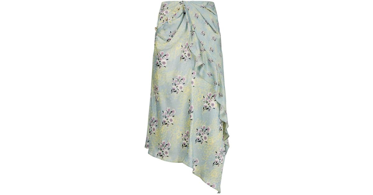 Self-Portrait Satin Floral Lace Print Skirt in Green,Pink,Yellow (Green ...