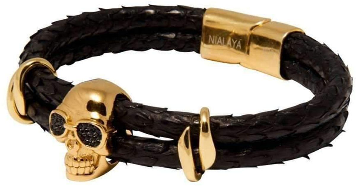 Lyst Nialaya Black Python Bracelet With Gold Skull