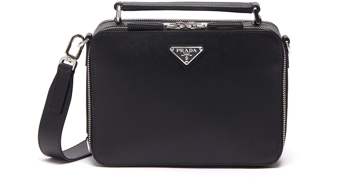 Lyst - Prada Logo Plate Mini Saffiano Leather Messenger Bag in Black ...