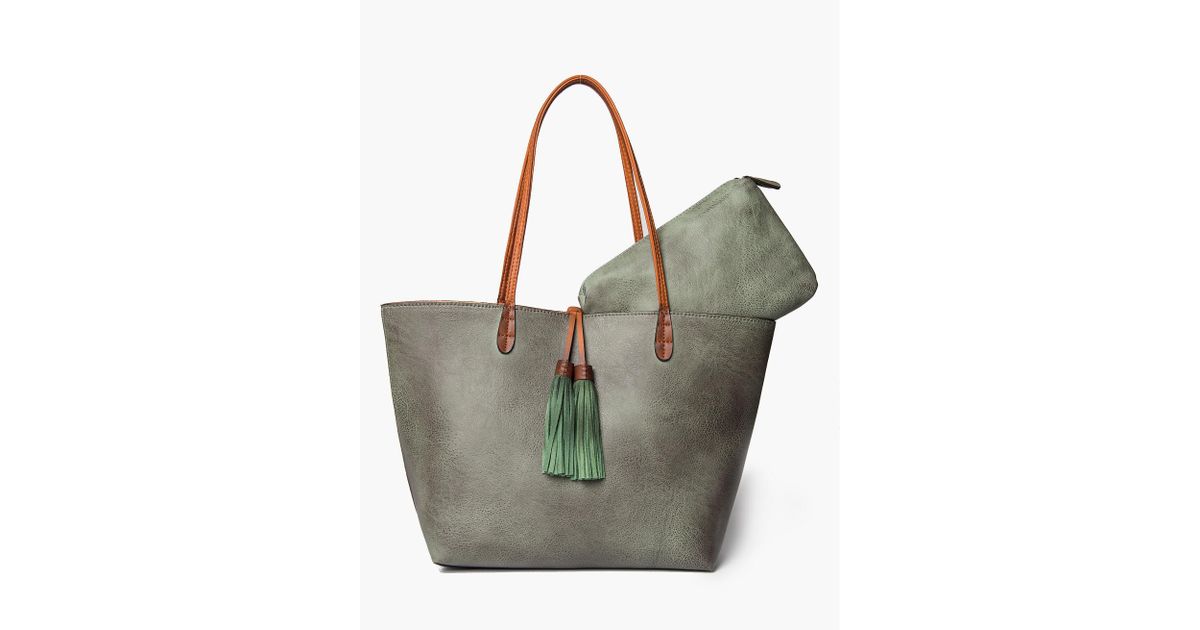 Lucky Brand Green Fringe Tassel Tote With Contrast Straps