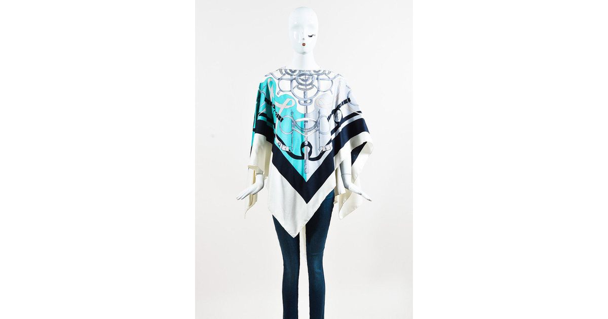 Lyst Hermès White Blue Multicolor Dupioni Silk Eperon D Or Print Lyst Hermès White Blue Multicolor Dupioni Silk Eperon D Or Print Poncho In