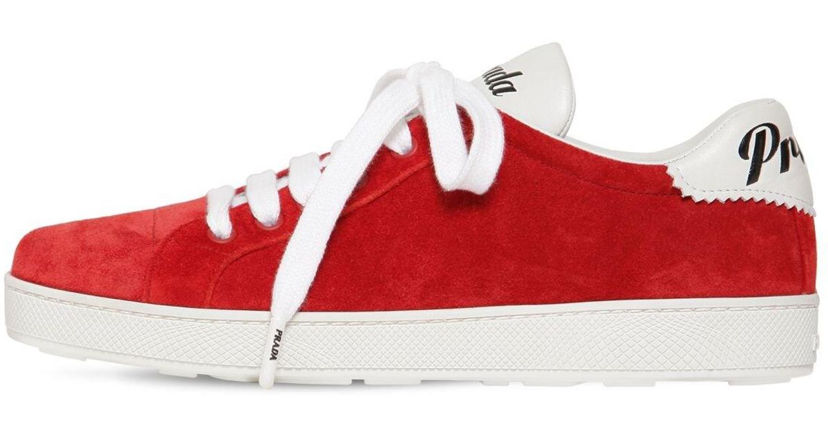 Prada 10mm One Suede & Leather Logo Sneakers in Red - Lyst