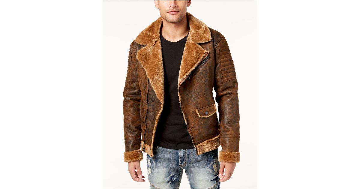 Reason Brown Men S Aeronaut Faux Shearling Moto Jacket With Fur Lining For