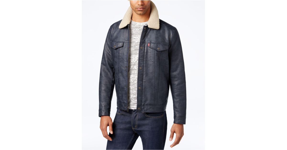 Lyst Levi S Men Faux Leather Trucker Jacket With Sherpa Lyst Levi S Men Faux Leather Trucker Jacket With Sherpa Lined Collar In Blue For