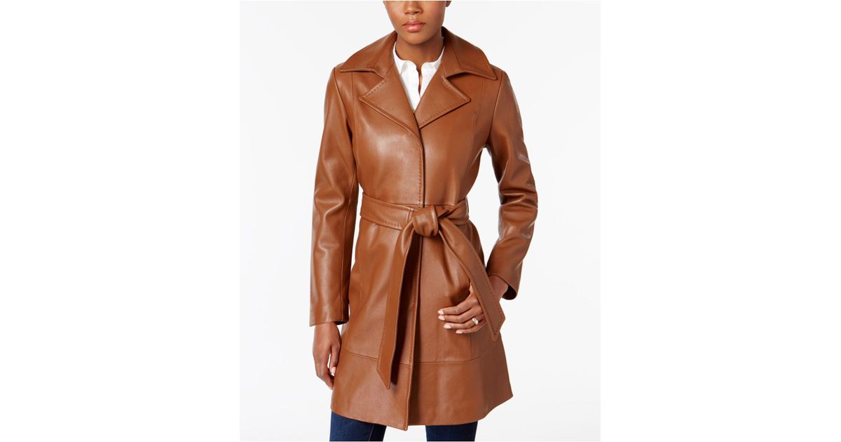 Lyst Jones New York Leather Belted Trench Coat In Brown
