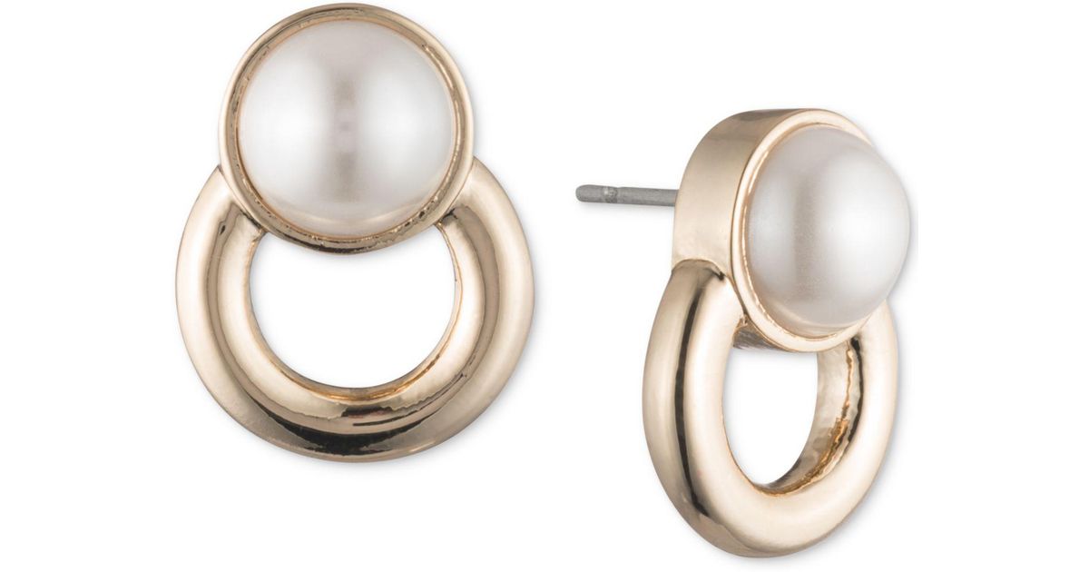 Lyst Dkny Gold Tone Imitation Pearl Ring Stud Earrings In White