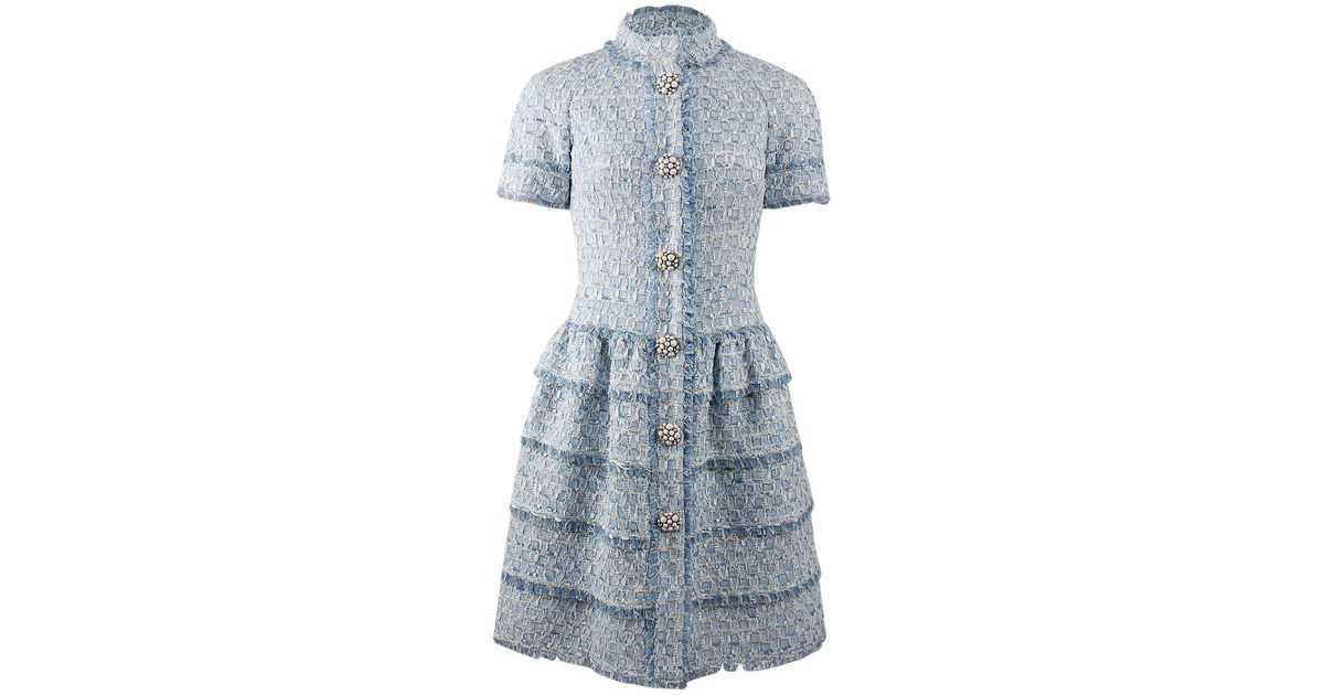 Lyst Oscar De La Renta Short Sleeve Collared Tweed Dress In Blue